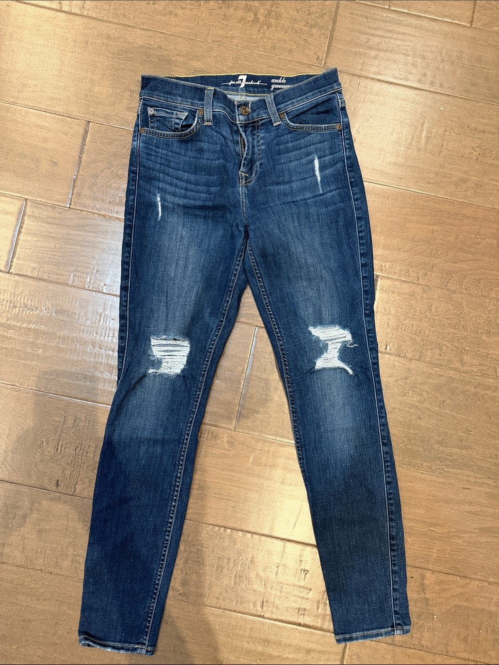 7 For All Mankind Women's Dark Blue Distressed Skinny Jeans